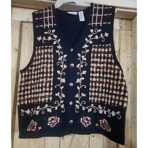 Vintage Russ Embroidered Blue Knit Sweater Vest Grannycore 80s Size Large Plaid